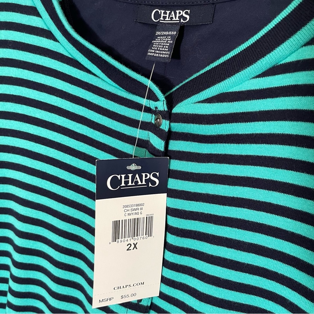 CHAPS Seafoam Green Navy Blue Stripe V-Neck Top T-Shirt Blouse Plus Size 2X NEW - Picture 2 of 8